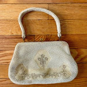 Vintage 1950 / 1960’s Ivory Cream Petite Beaded Lumared Handbag Purse made USA